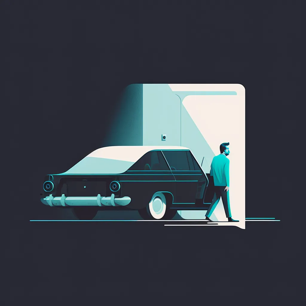 simple minimal tech illustration, man getting into a car, by slack and dropbox, style of behance